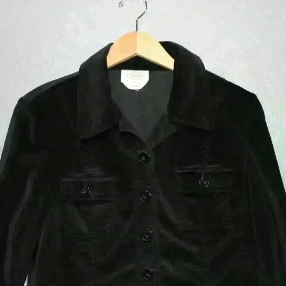 TALBOTS Black Velvet Velour Jacket Button Up Collar Stretch Casual Petite S - Picture 3 of 10